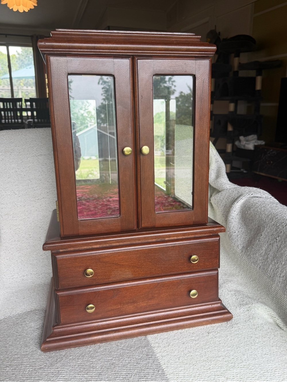 Wood Finish Jewelry Armoire with Glass Doors - Brown